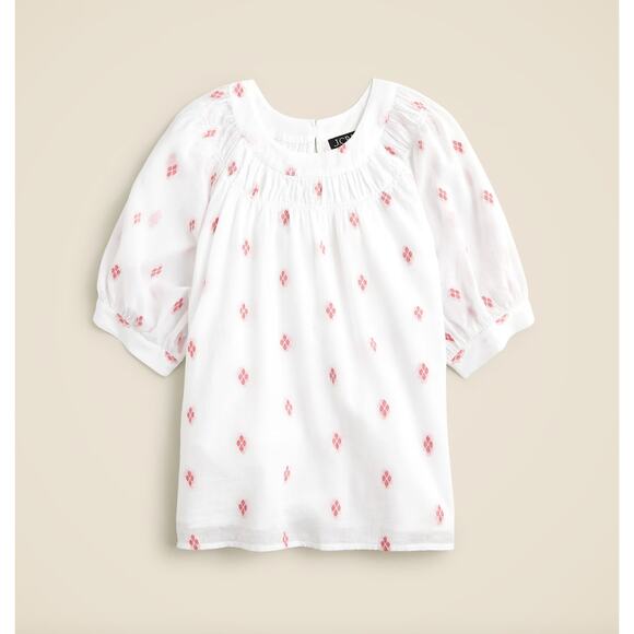 J.Crew Smock Neck Puff Sleeve Top Dot Flowy Cottagecore Cotton White Medium - Picture 3 of 11